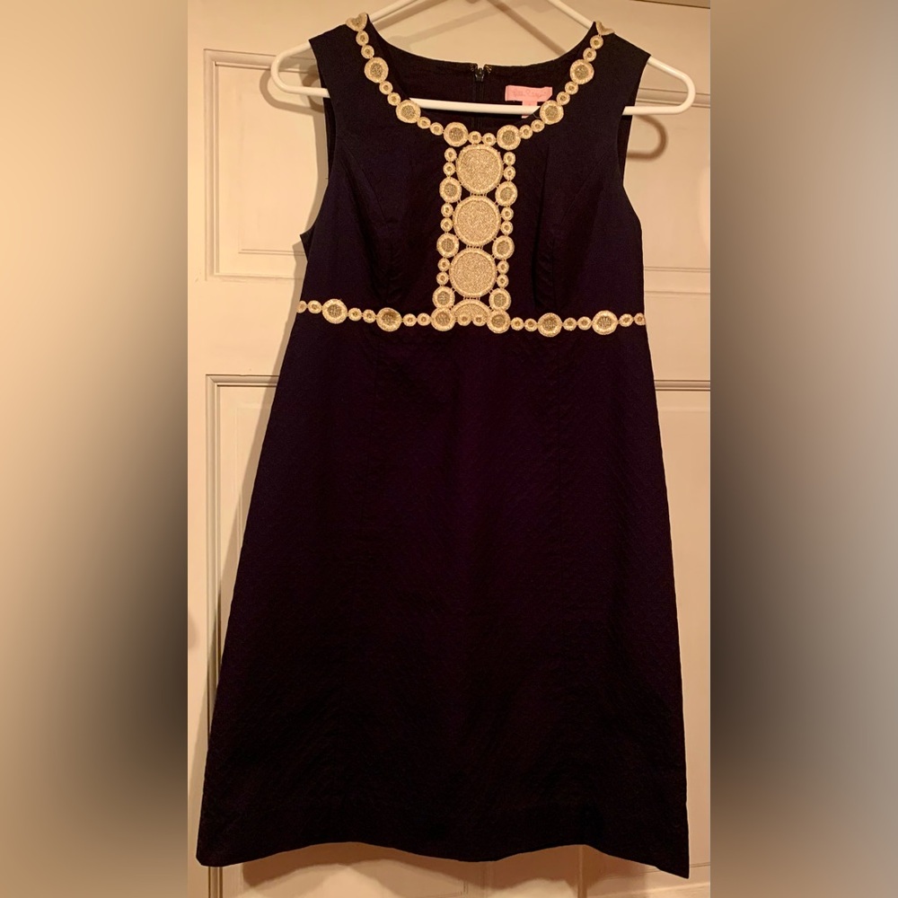 Lilly Pulitzer Navy Blue Gold Trim Fully Lined Slvless Cotton Dress Size O